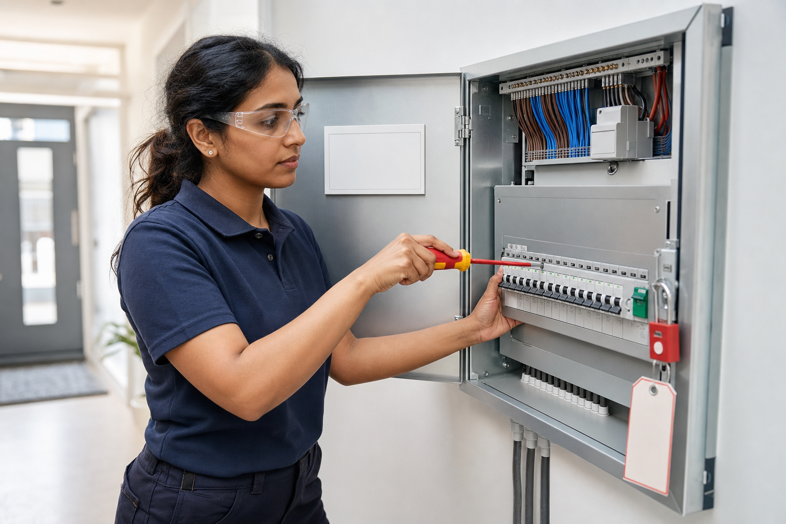 Technician wearing safety glasses adjusts an electrical panel with a screwdriver.