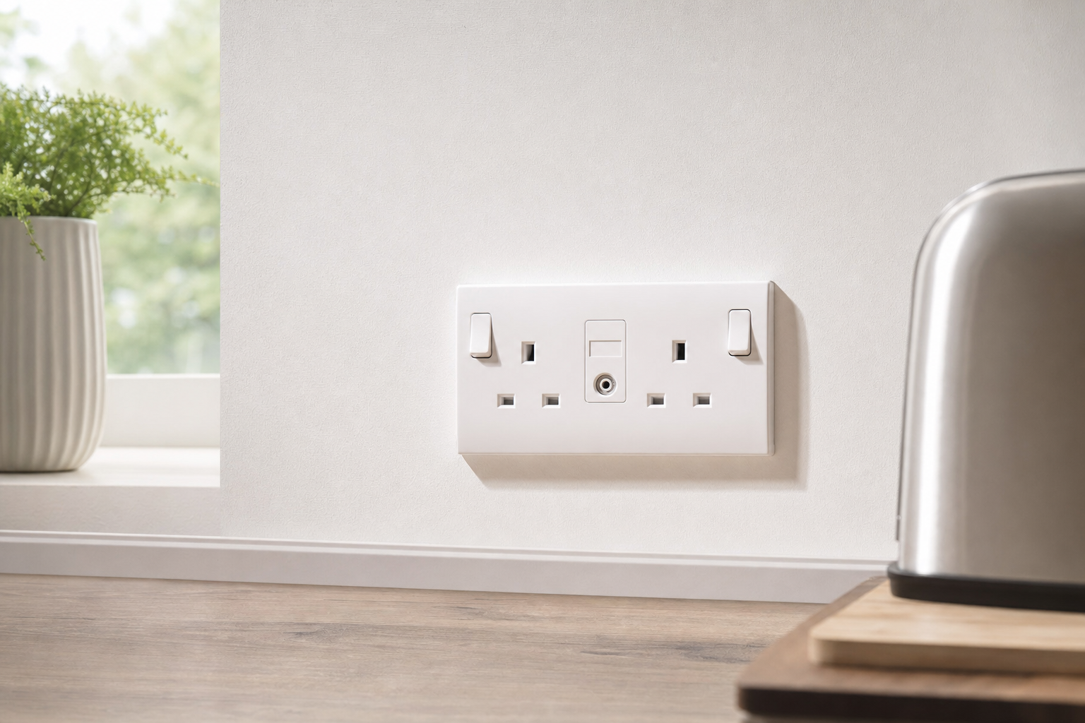 A double socket outlet with switches is installed on a beige wall near a potted plant and a toaster.