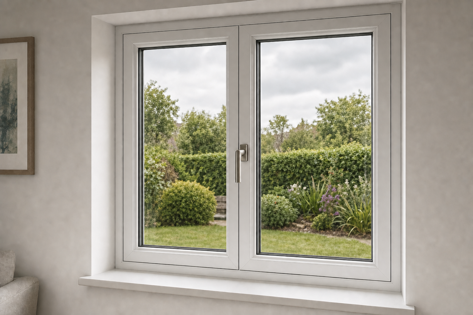 A double-glazed window overlooking a lush green garden with plants and shrubs.