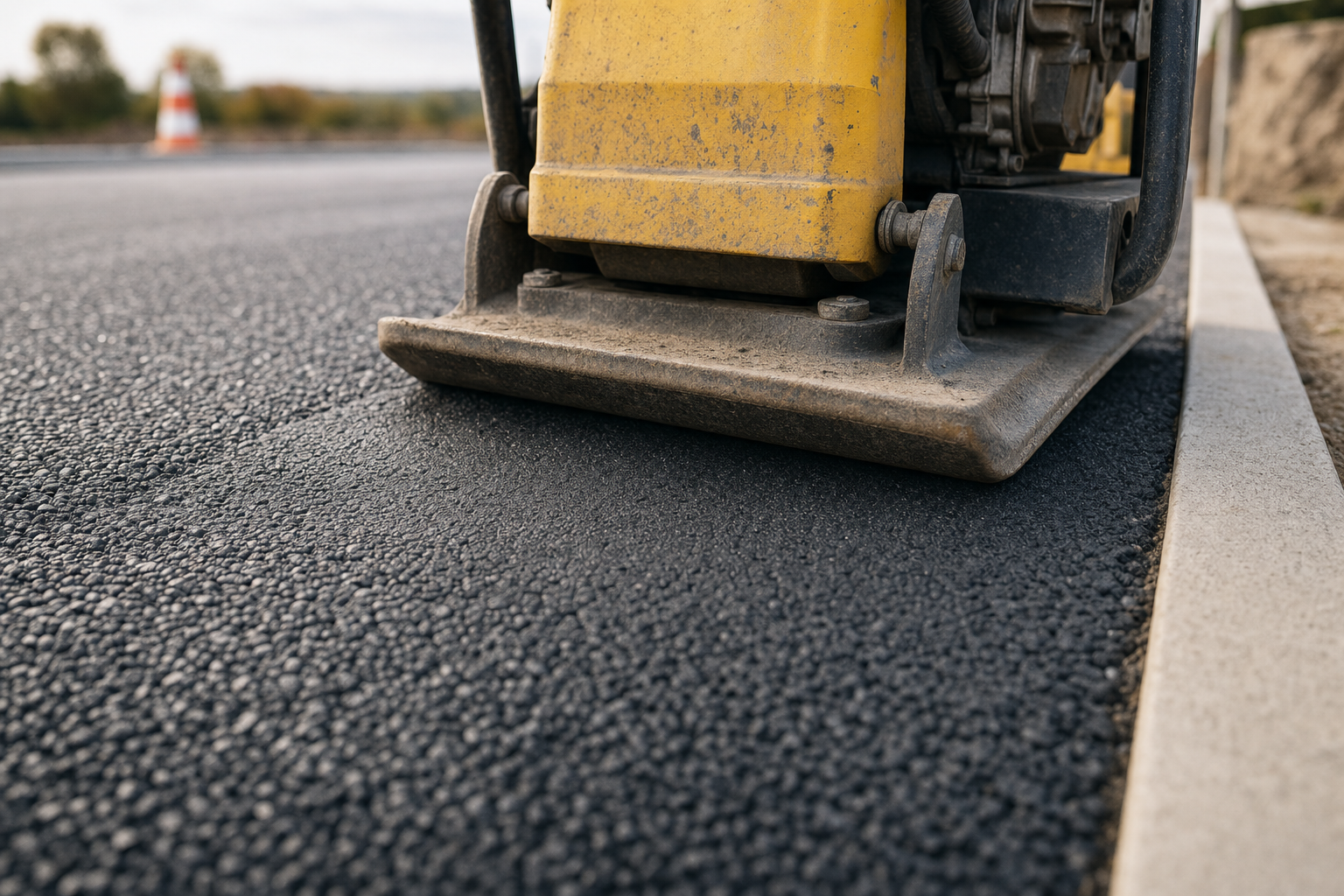 A yellow vibrating plate compactor evens hot asphalt on a newly laid road with a blurred background.