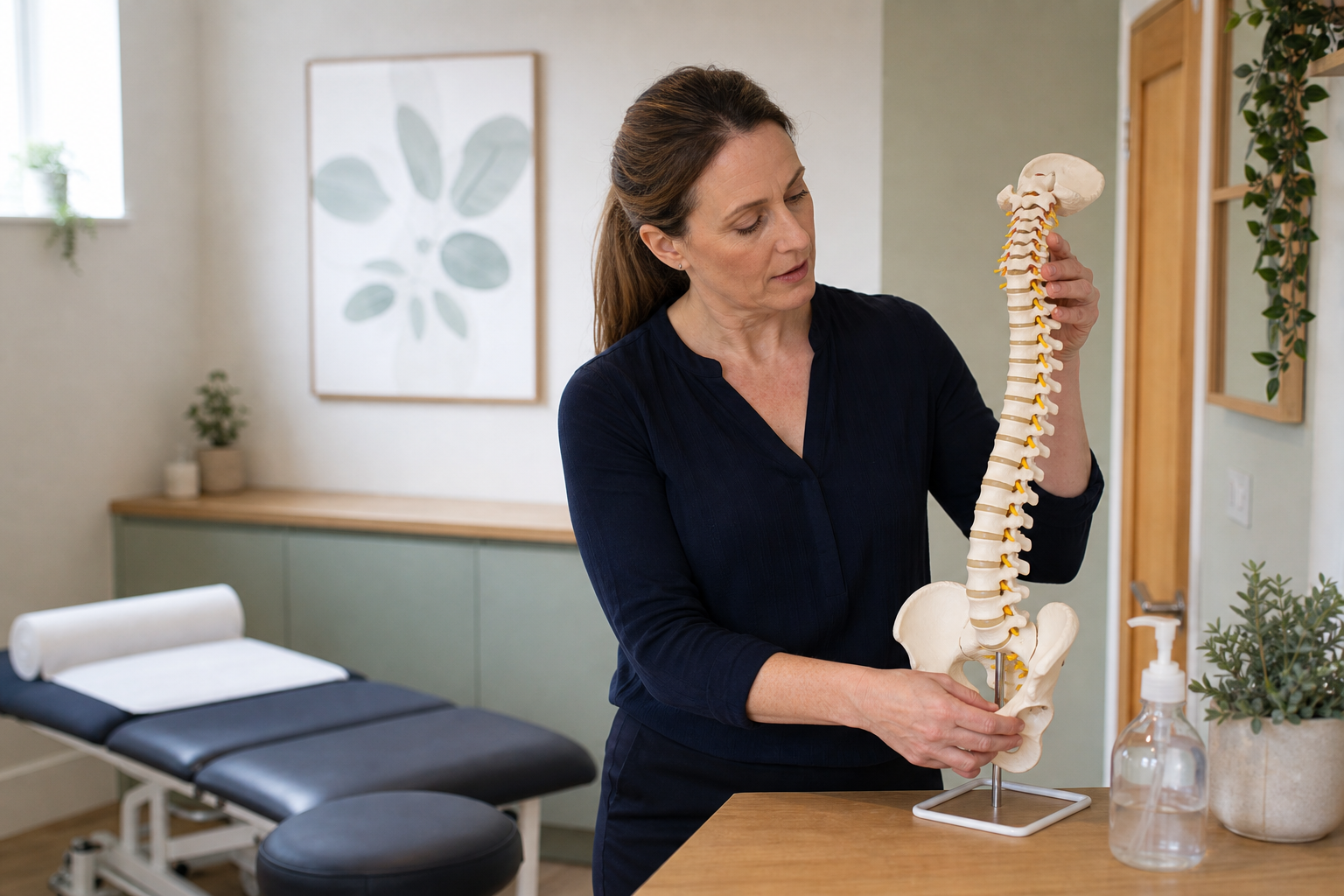 A woman examines a model spine in a clinic room with a massage table and botanical decorations.