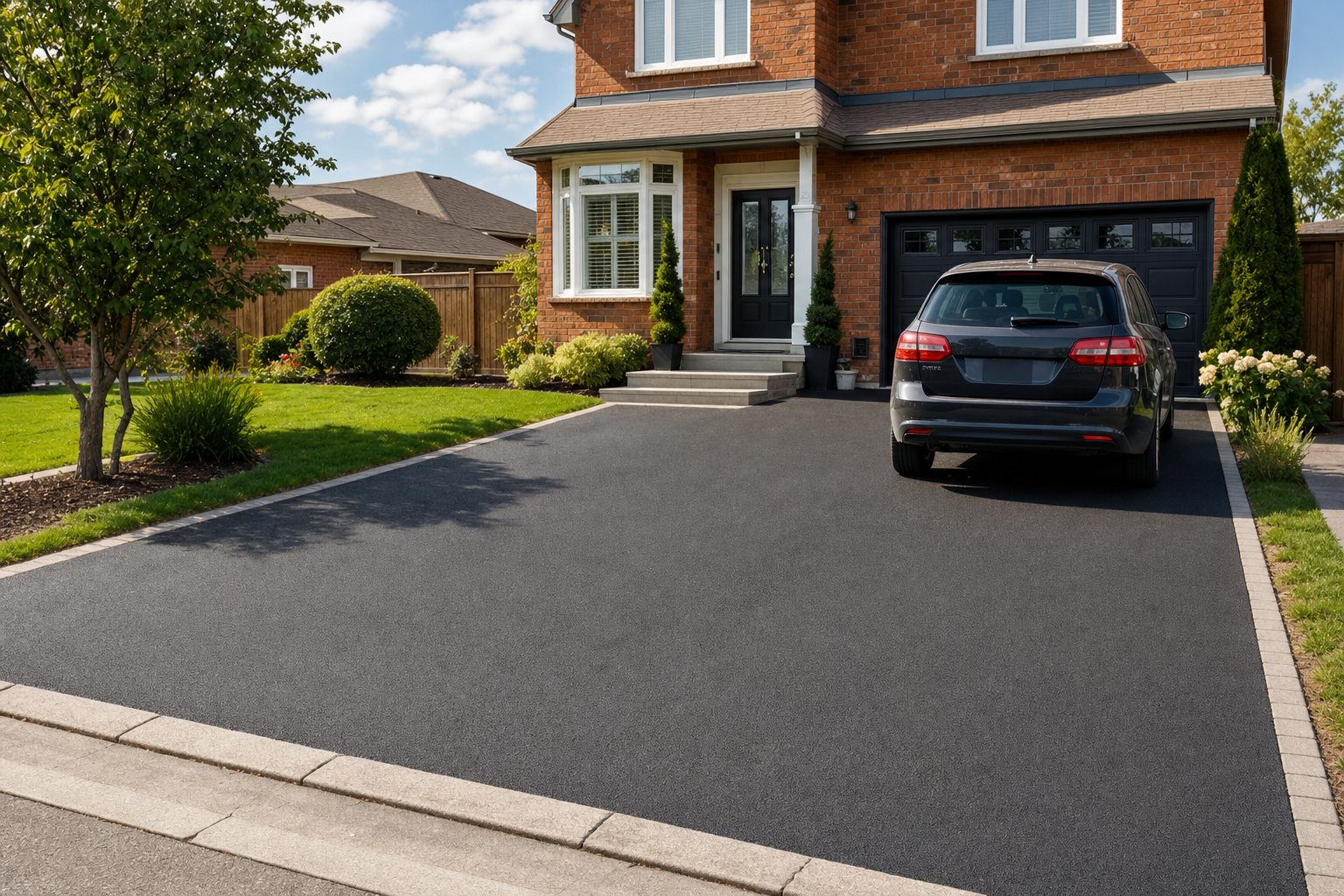 A modern brick house with a car parked on a freshly paved driveway, surrounded by a neatly landscaped garden.