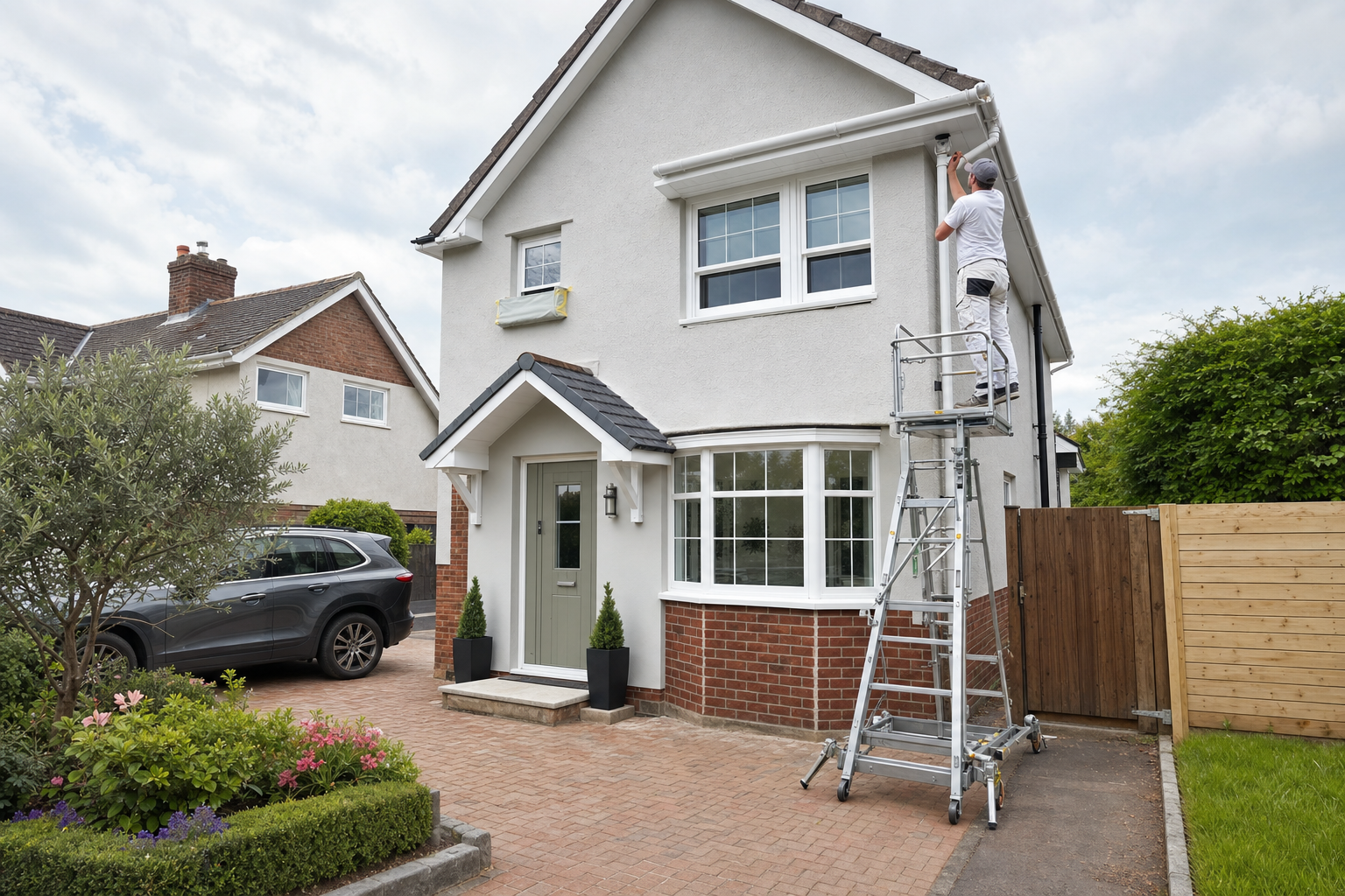A person on scaffolding paints near the roof of a modern two-storey house with a car parked in the driveway.