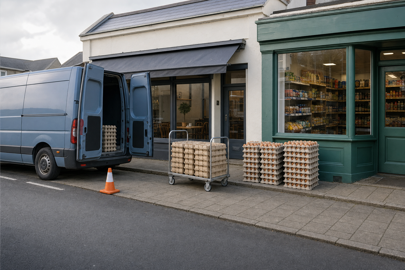 Blue delivery van unloading crates of eggs onto a trolley outside a shopfront.