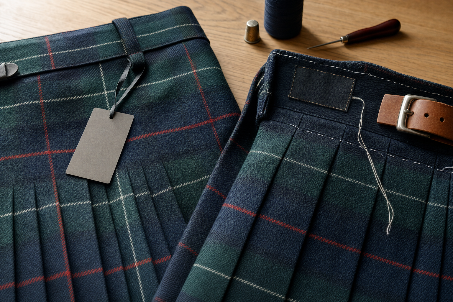 Two tartan kilts on a table, with sewing tools and a brown belt visible.