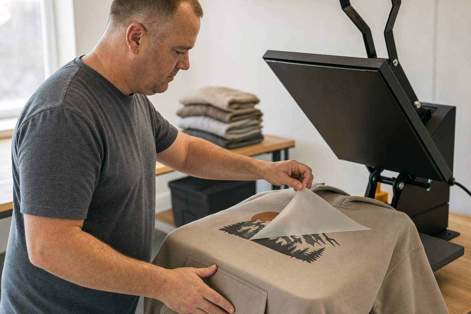 A man peels off transfer paper from a freshly printed sweatshirt using a heat press machine.