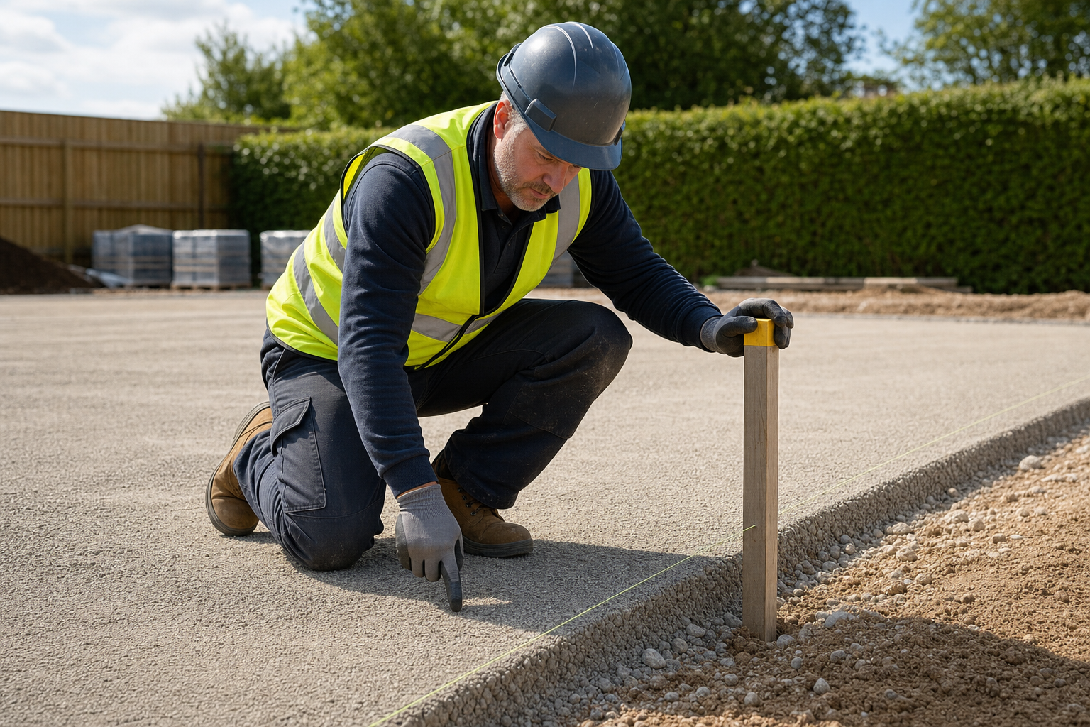 A construction worker in a high-visibility vest measures and marks a freshly laid concrete surface on a sunny day.