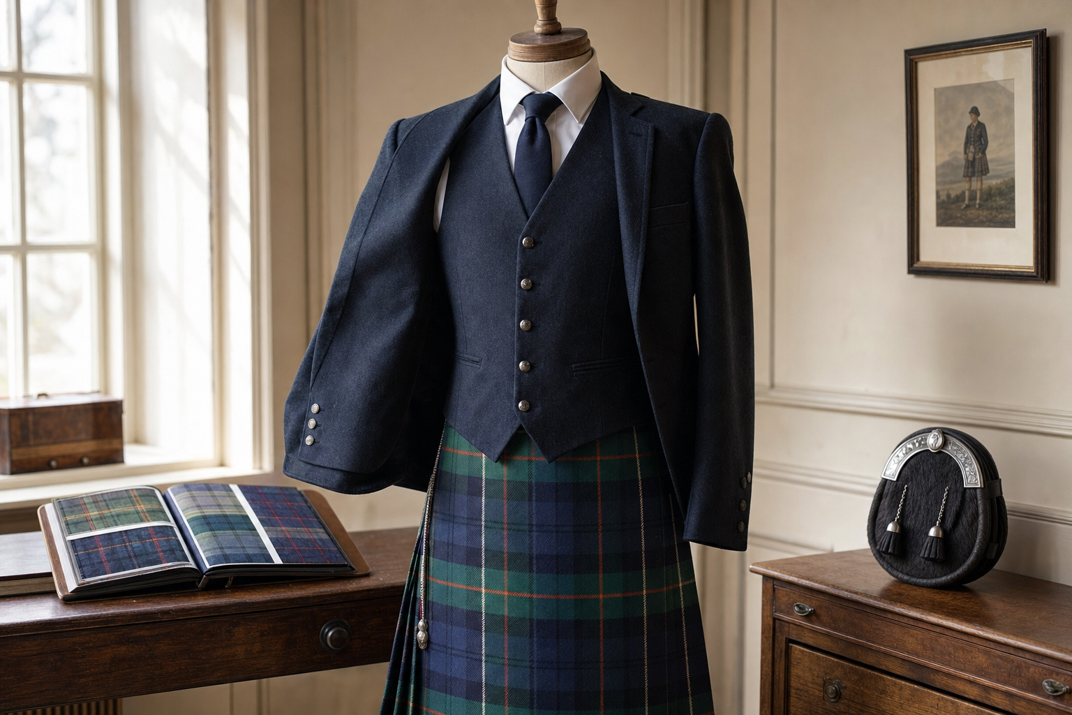 Mannequin wearing a traditional Scottish kilt outfit with a sporran on a side table in a classic room.