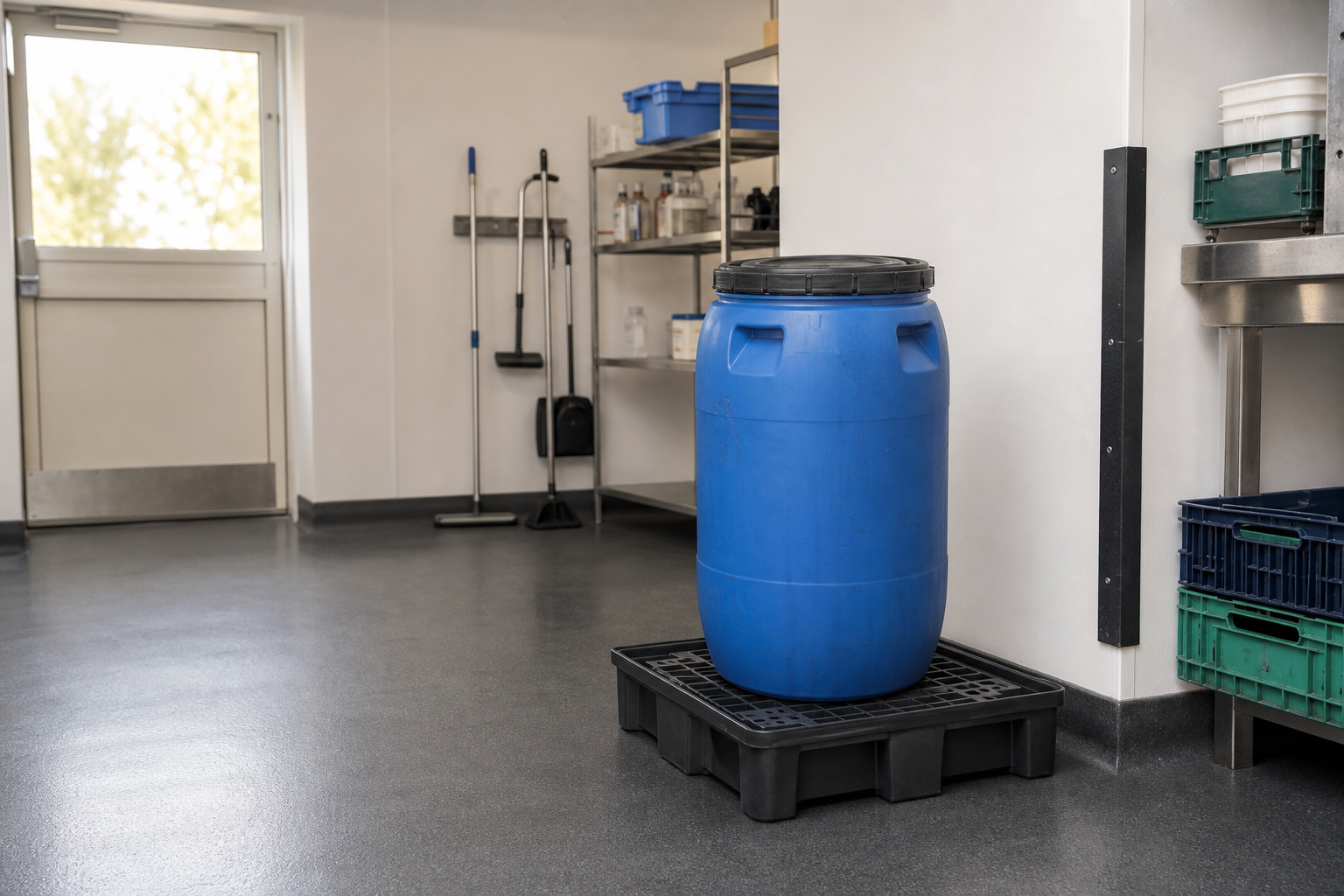 Blue barrel on a spill containment pallet in a clean room with cleaning equipment and storage shelves.