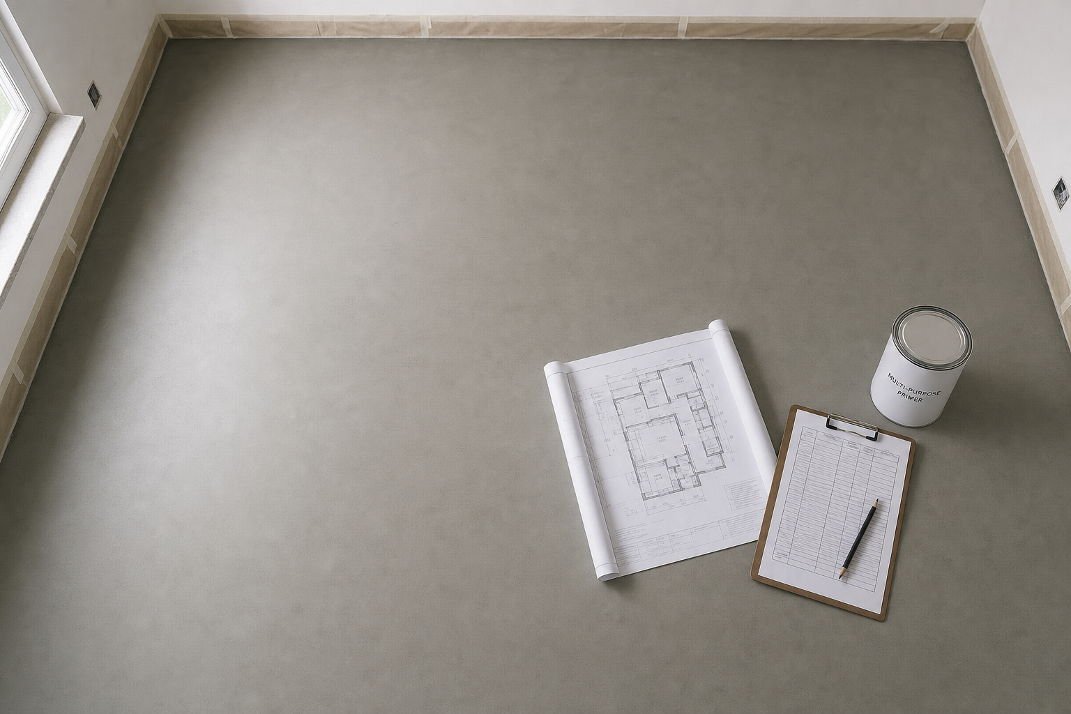 Blueprints, a clipboard with a pencil, and a tin of multi-purpose primer on a grey floor in a partially tiled room.