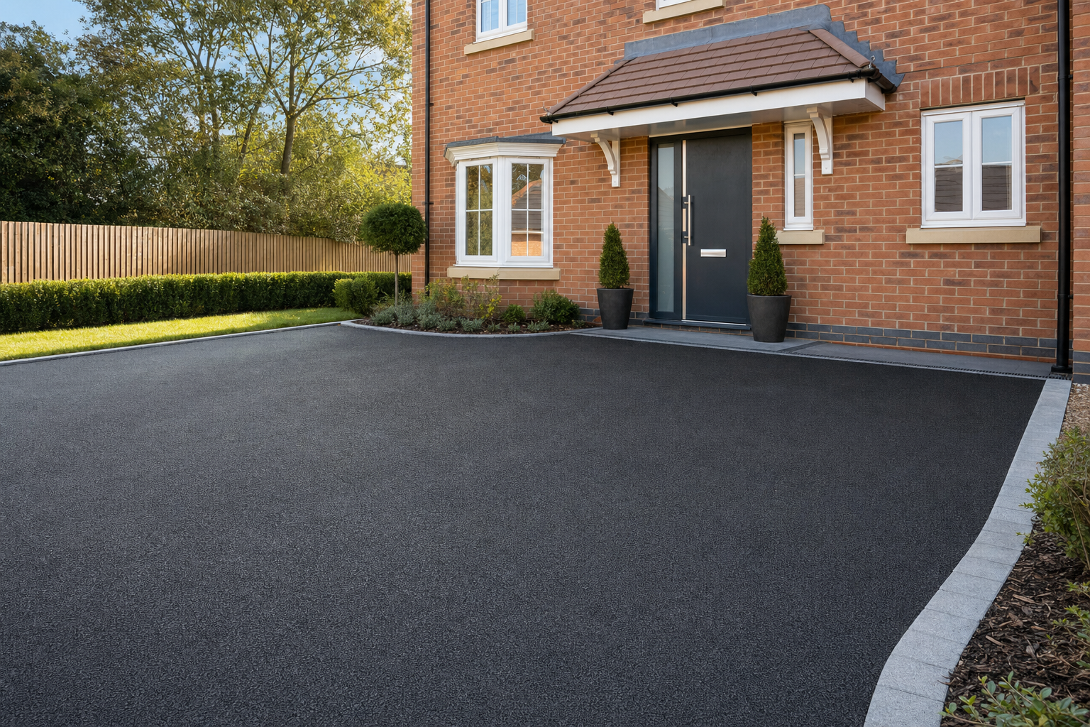 Modern brick house with a dark grey front door, framed by greenery and a freshly laid tarmac driveway.