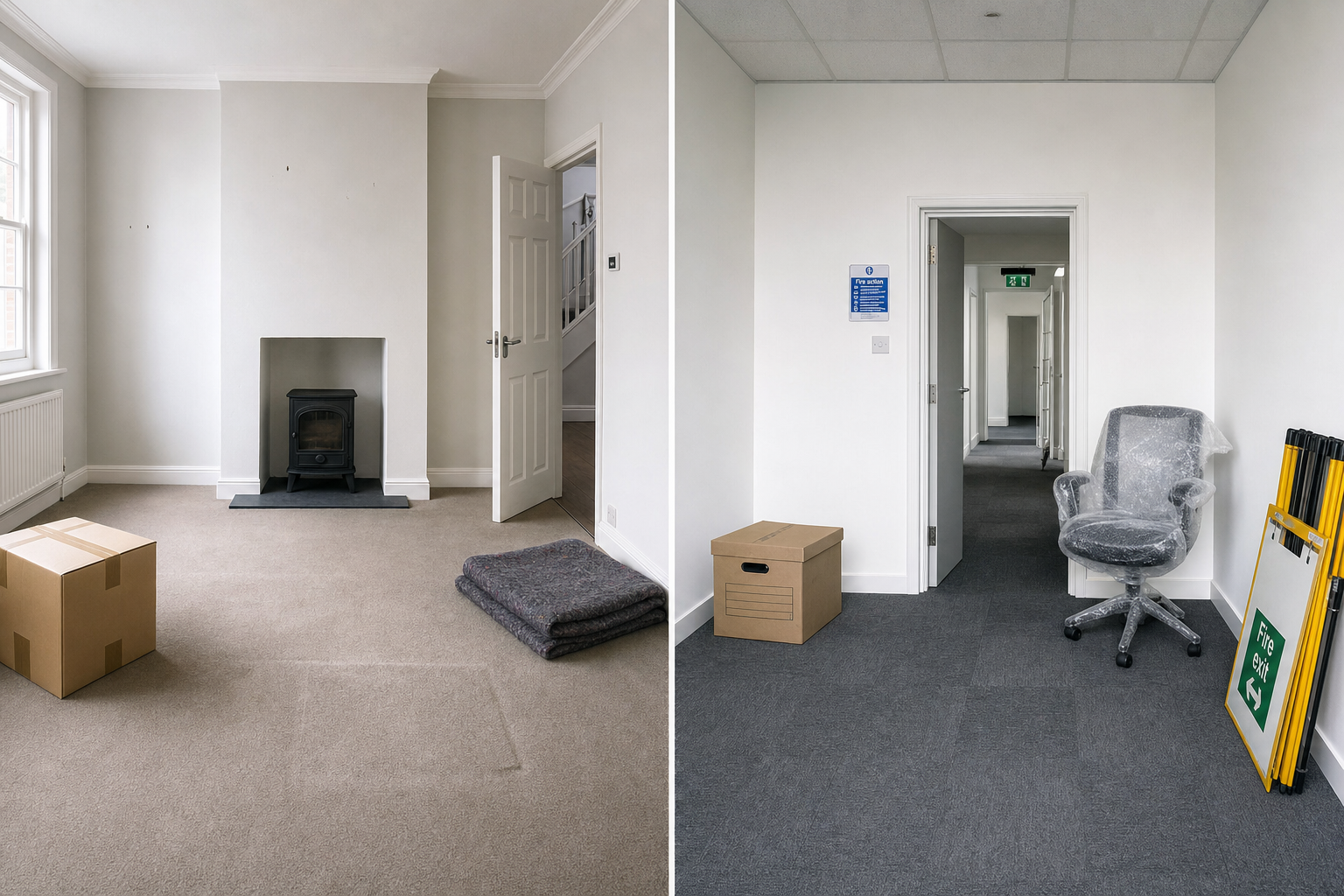 Two adjacent empty rooms with cardboard boxes and a chair wrapped in plastic, indicating a move or renovation.