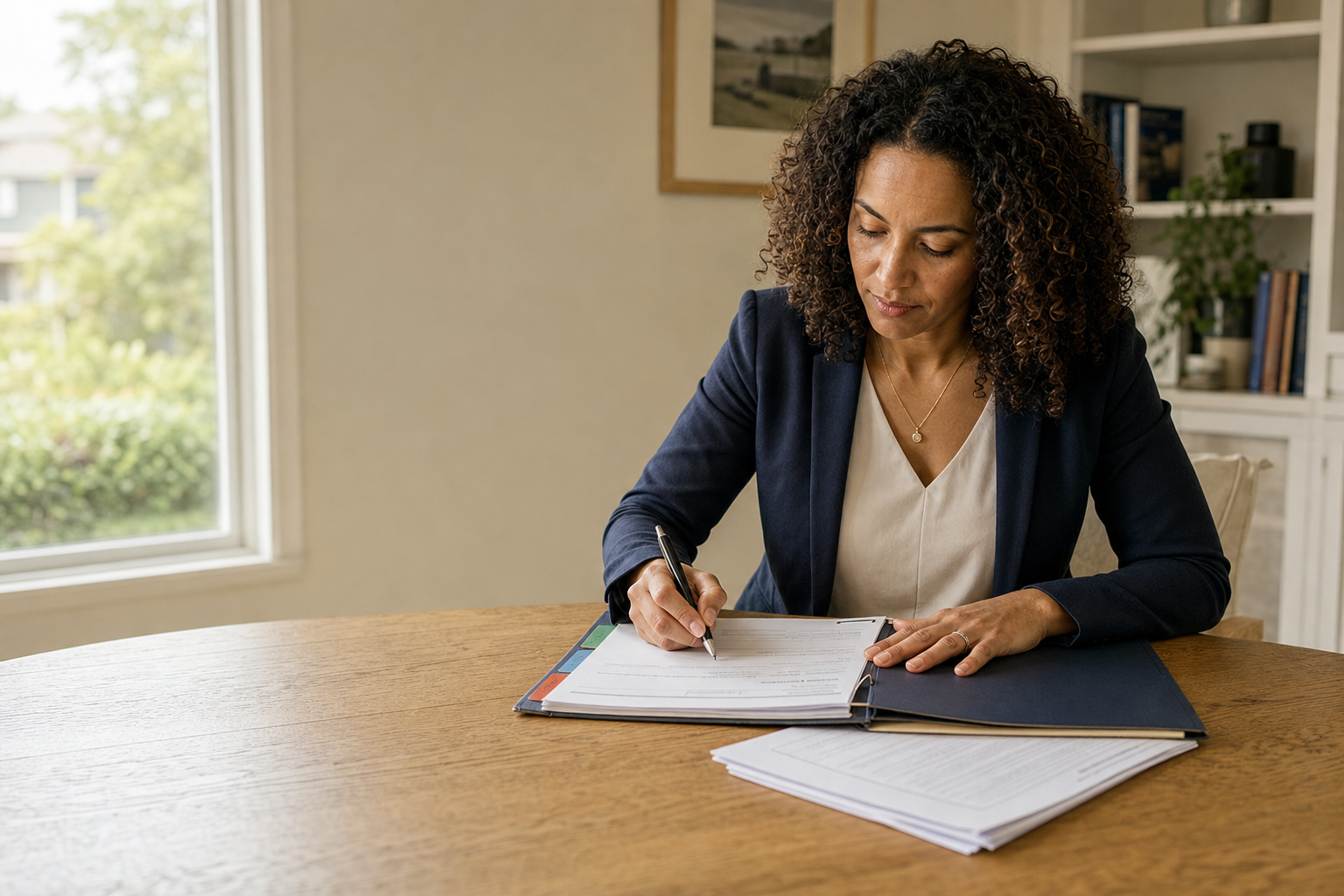 A woman in a blazer sits at a wooden table, reviewing and writing in documents from a folder.
