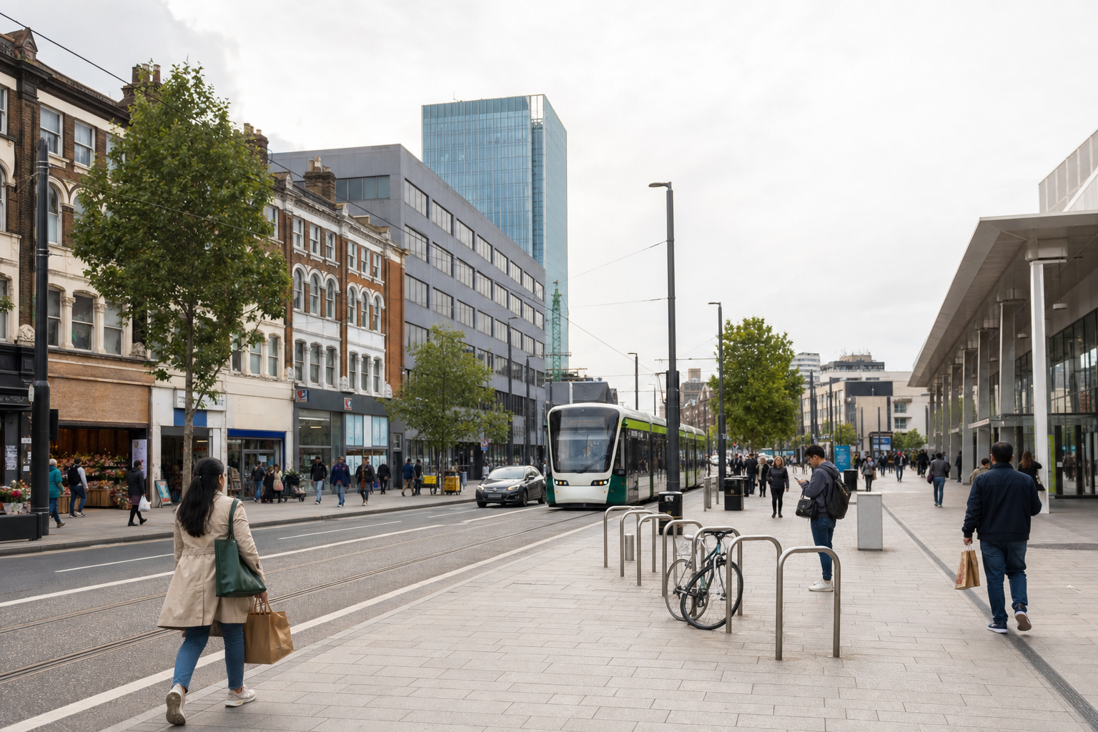 A busy urban street with a tram, people walking, and bicycles parked on the pavement.