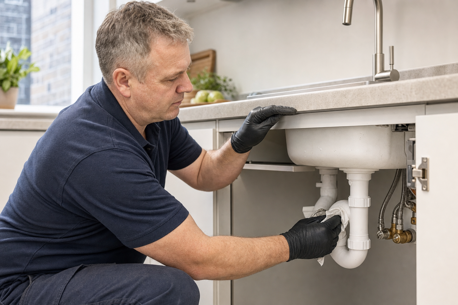 A man in gloves repairing a sink beneath a kitchen counter.
