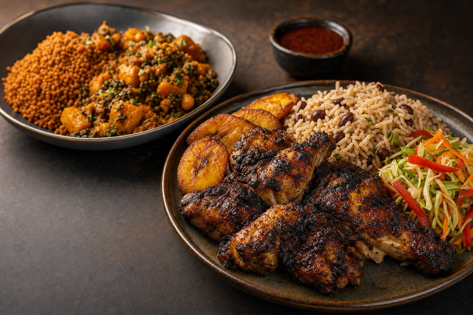 Grilled chicken wings served with jollof rice, plantains, and a colourful vegetable salad.