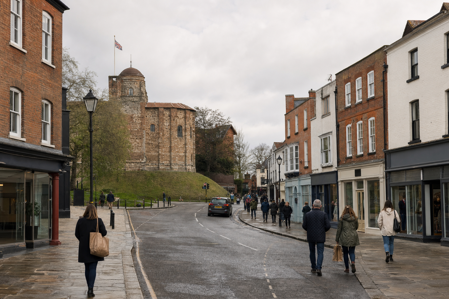 People walking along a street with shops, leading to a historic castle with a British flag flying on a cloudy day.