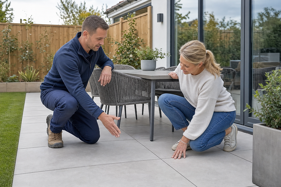 A man and woman are discussing outdoor patio tiles while crouching on a modern terrace.