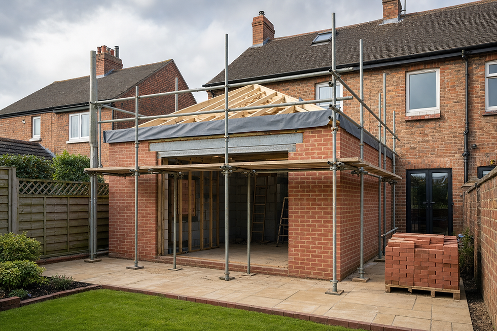 Red brick house extension under construction with scaffolding and a stack of bricks on the patio.