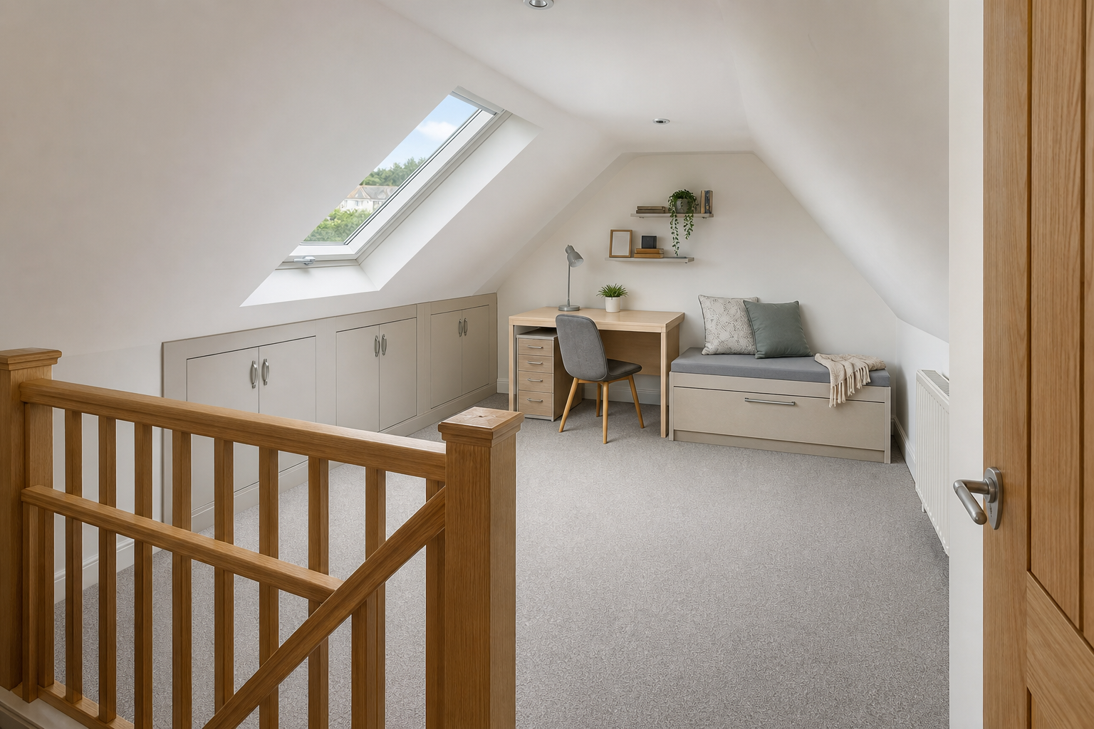 Bright attic room with a skylight, featuring a desk, chair, and daybed, accented by wooden bannisters.