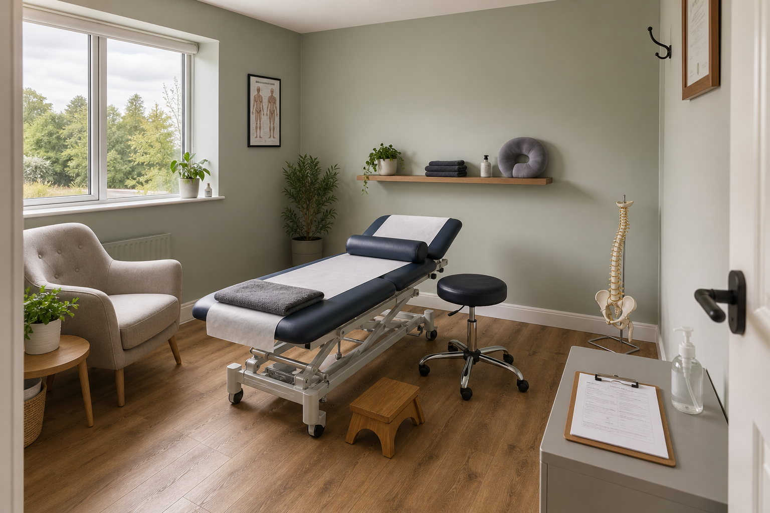 Chiropractic treatment room with an adjustable table, anatomical spine model, and window view of greenery.
