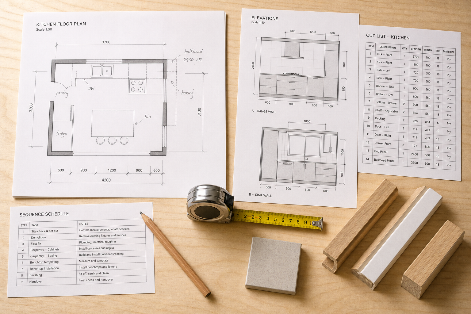 Kitchen floor plan with specifications, surrounded by a tape measure, pencil, tile sample, and wooden pieces on a table.