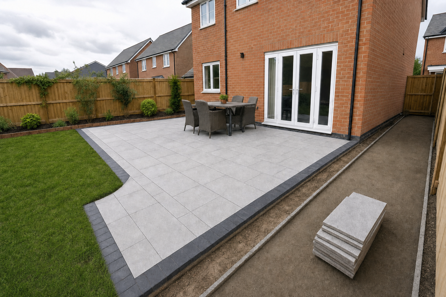 Modern patio area with grey tiles, outdoor dining set, and adjacent grass lawn in a fenced garden.