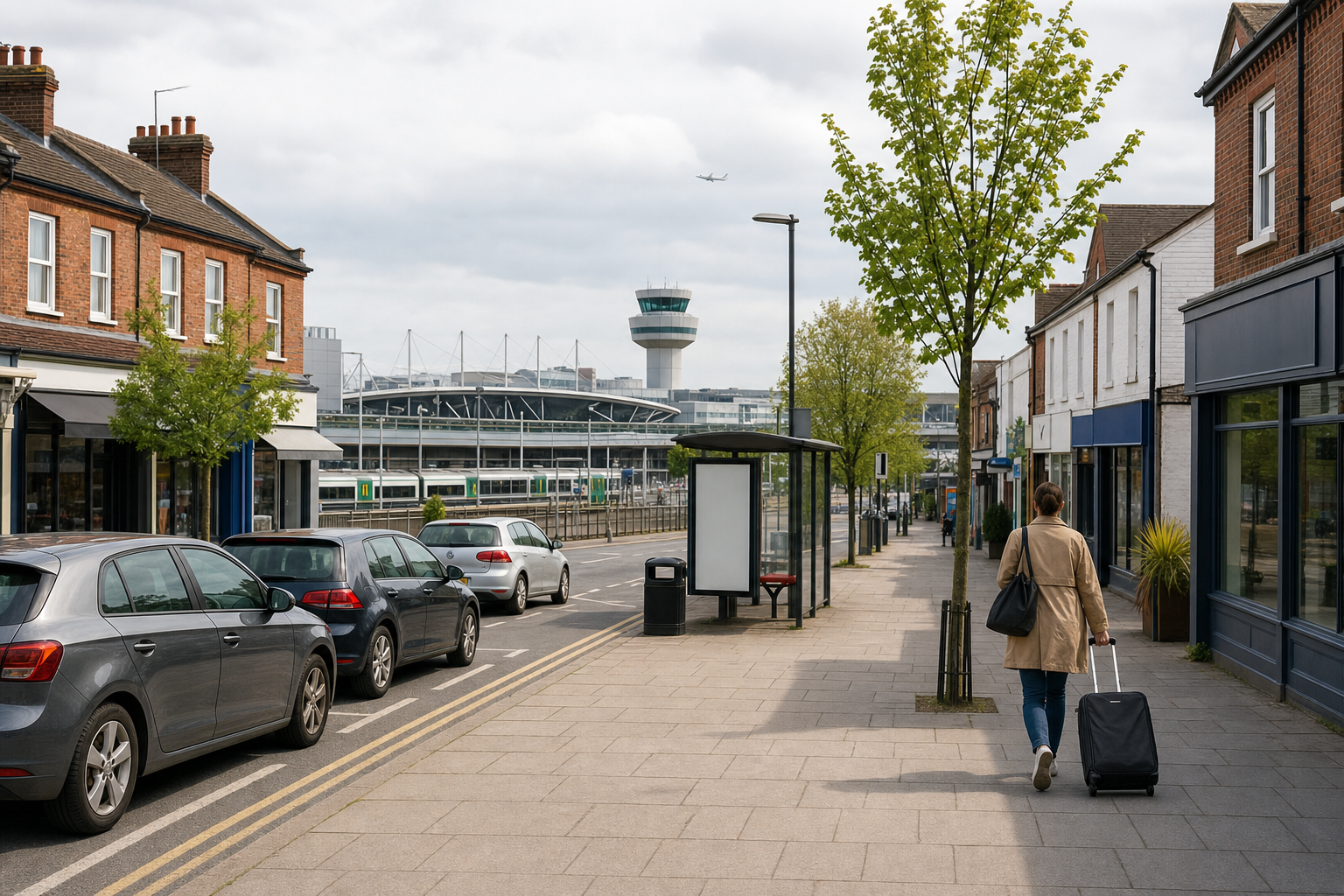 A person walks down a street pulling a suitcase, with an airport control tower visible in the background.