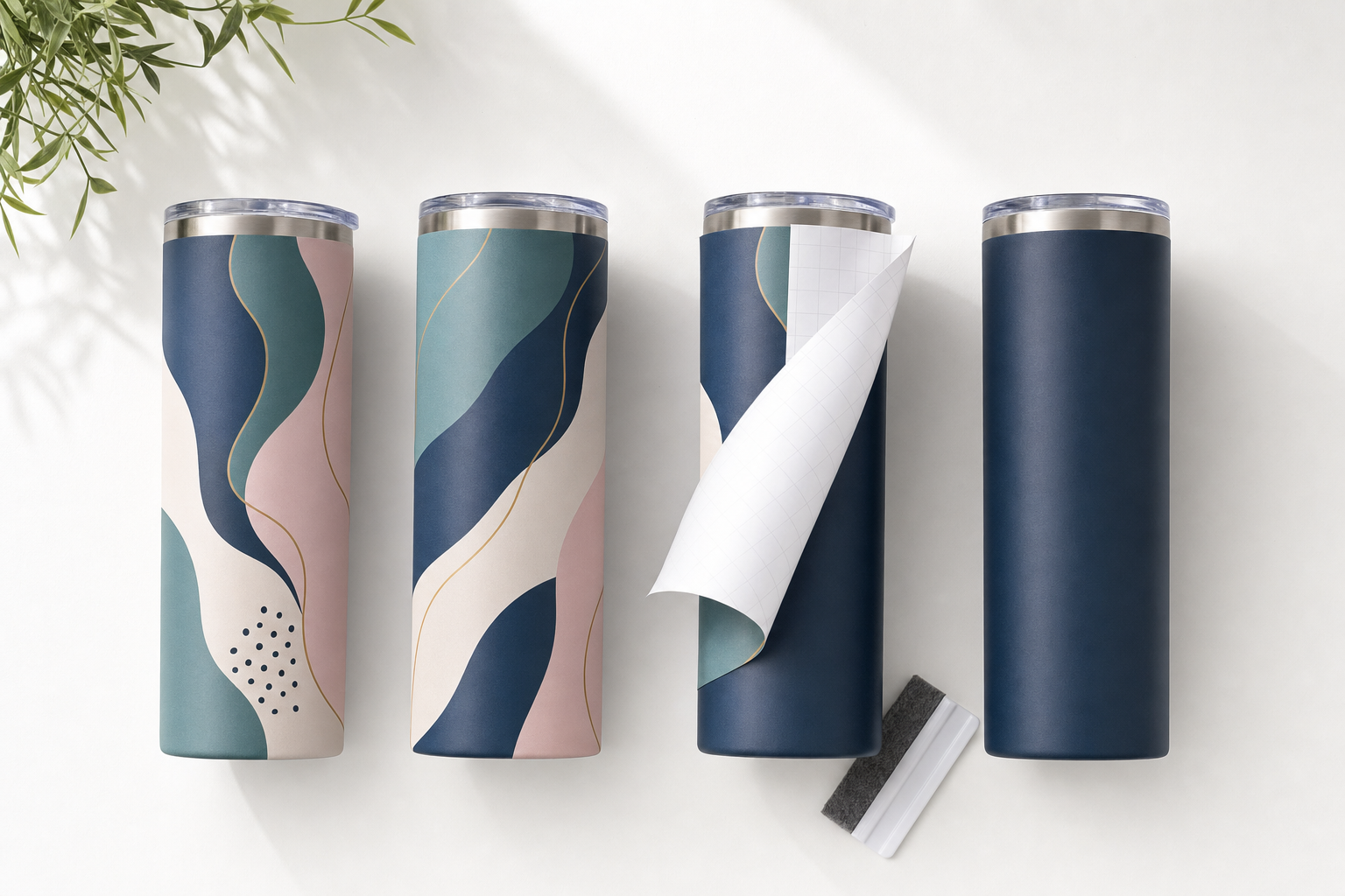 Four reusable tumblers, three with abstract designs, arranged on a light background with a plant and a squeegee.