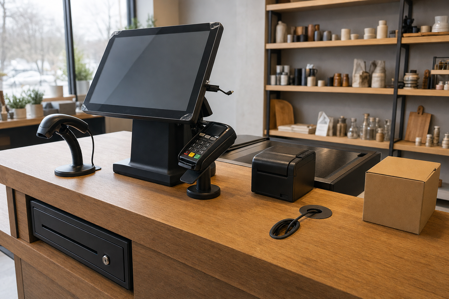 Modern retail checkout counter with a touchscreen terminal, card reader, and barcode scanner.