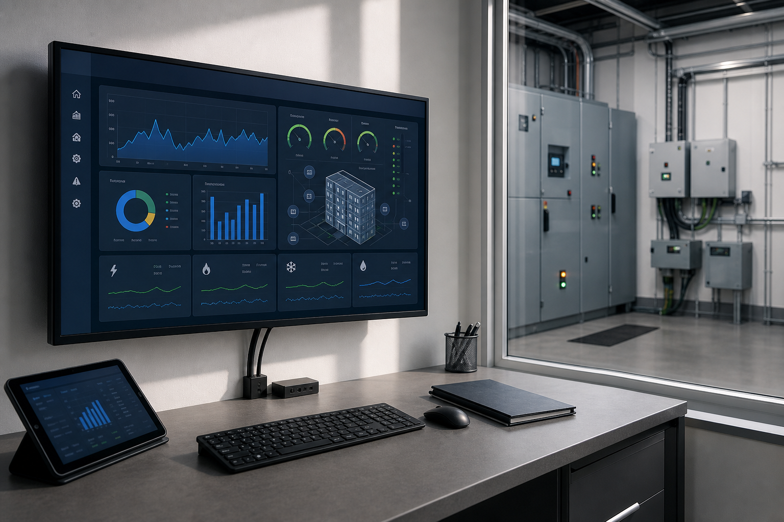 Control room with monitors displaying data graphs and a view into an industrial equipment area.