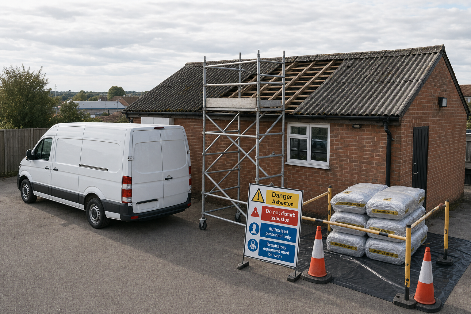 A construction site with a white van, scaffolding, warning signs, and asbestos waste bags next to a building.