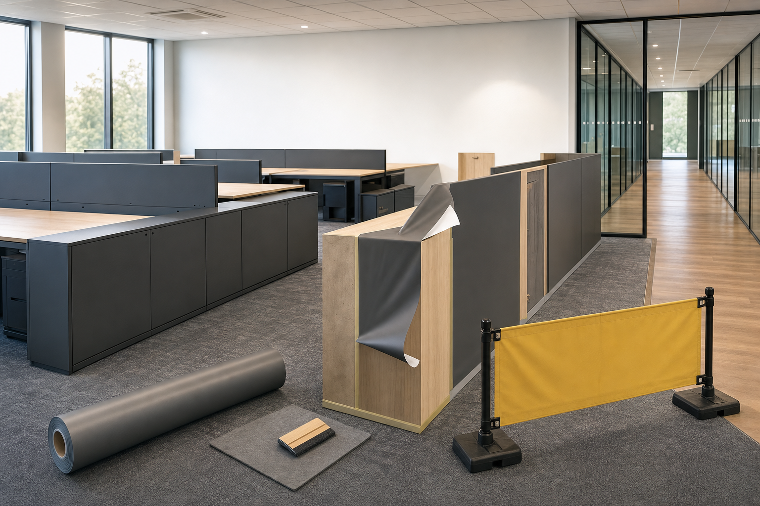 Modern open-plan office under renovation with rolls of materials and a temporary barrier in the foreground.
