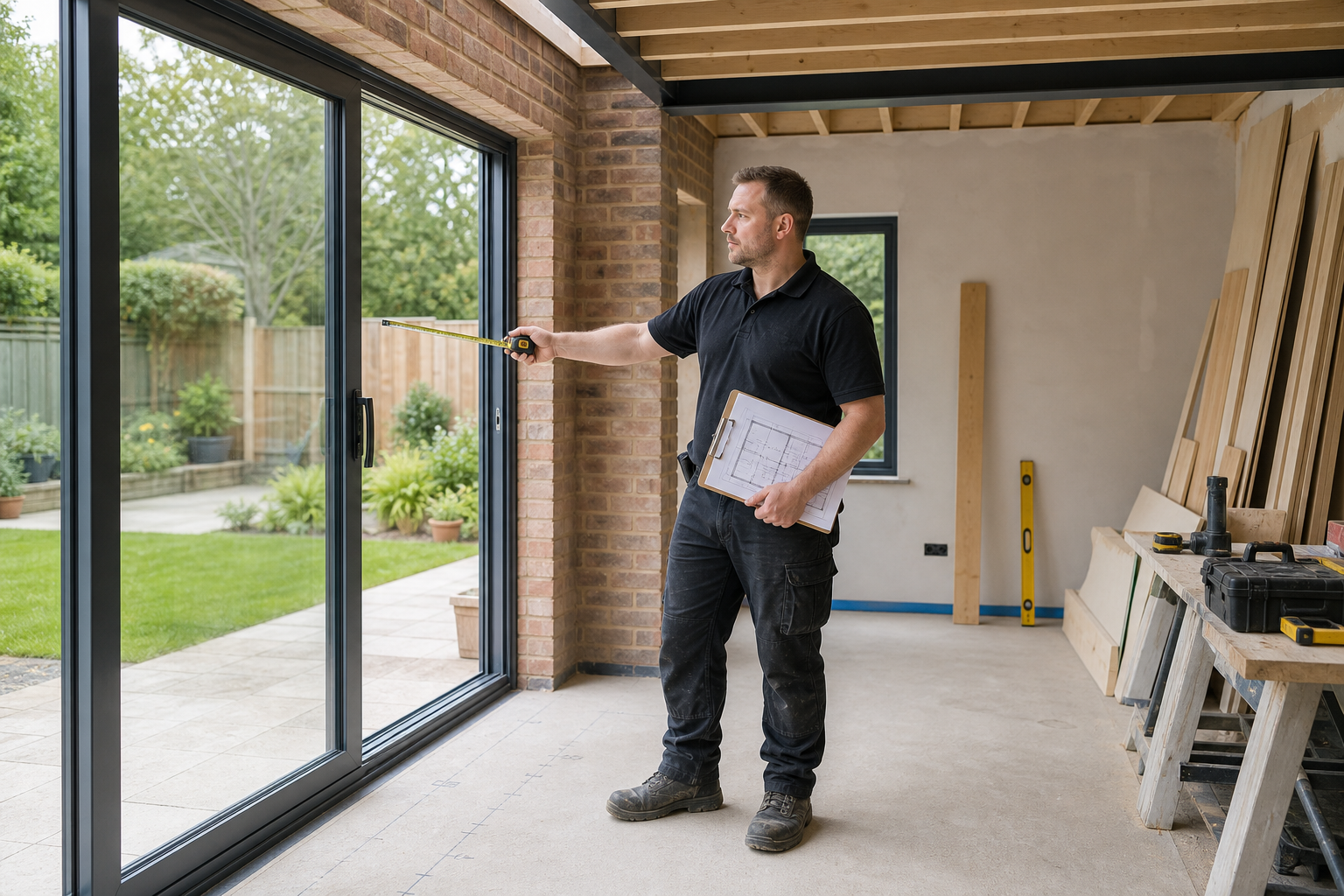 Man holding a tape measure and clipboard, inspecting sliding glass doors in a construction site.