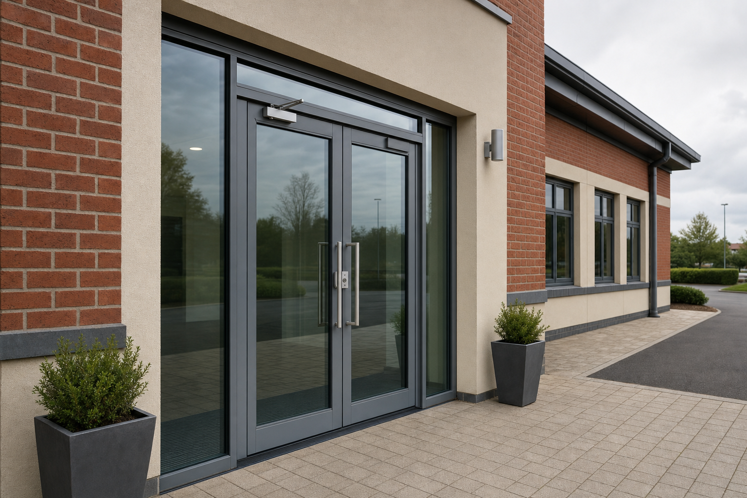 Modern glass entrance with metal frame and planters on a brick and beige building exterior.