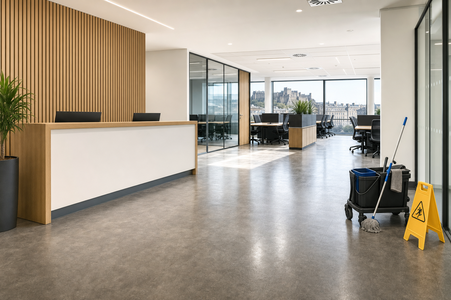 Modern office lobby with a wooden reception desk, glass-walled meeting rooms, and a cleaning cart beside a caution sign.