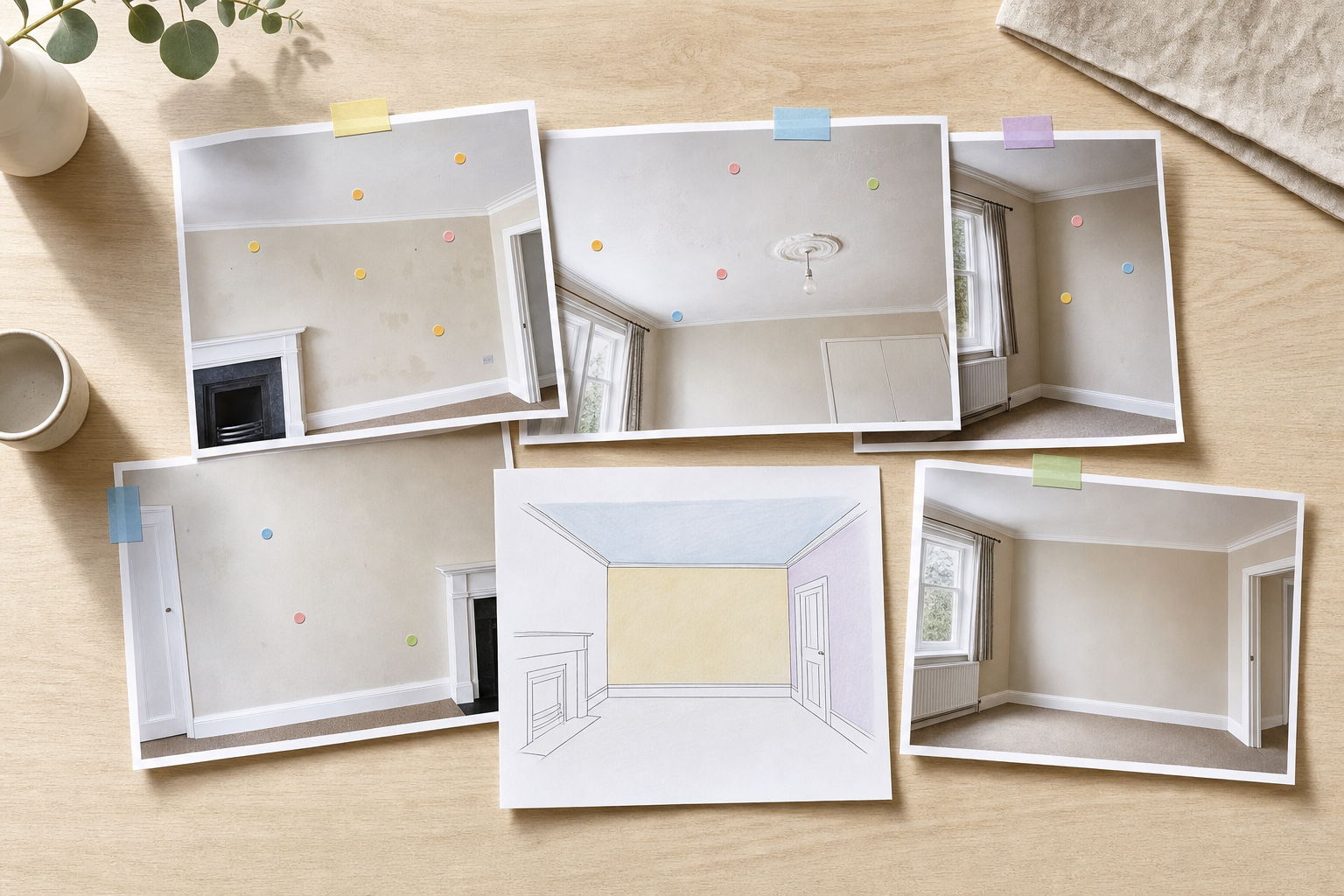 Various photos and a sketch of an empty room with architectural details, laid out on a wooden table.