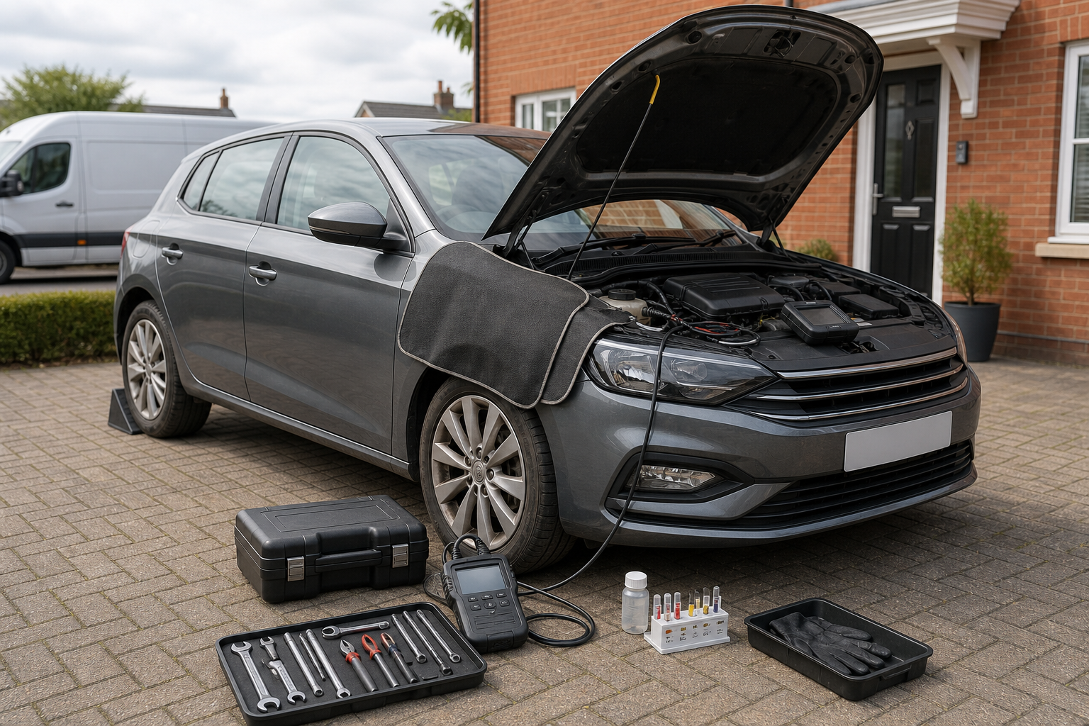 Grey car with hood open, surrounded by diagnostic tools and equipment on a driveway.