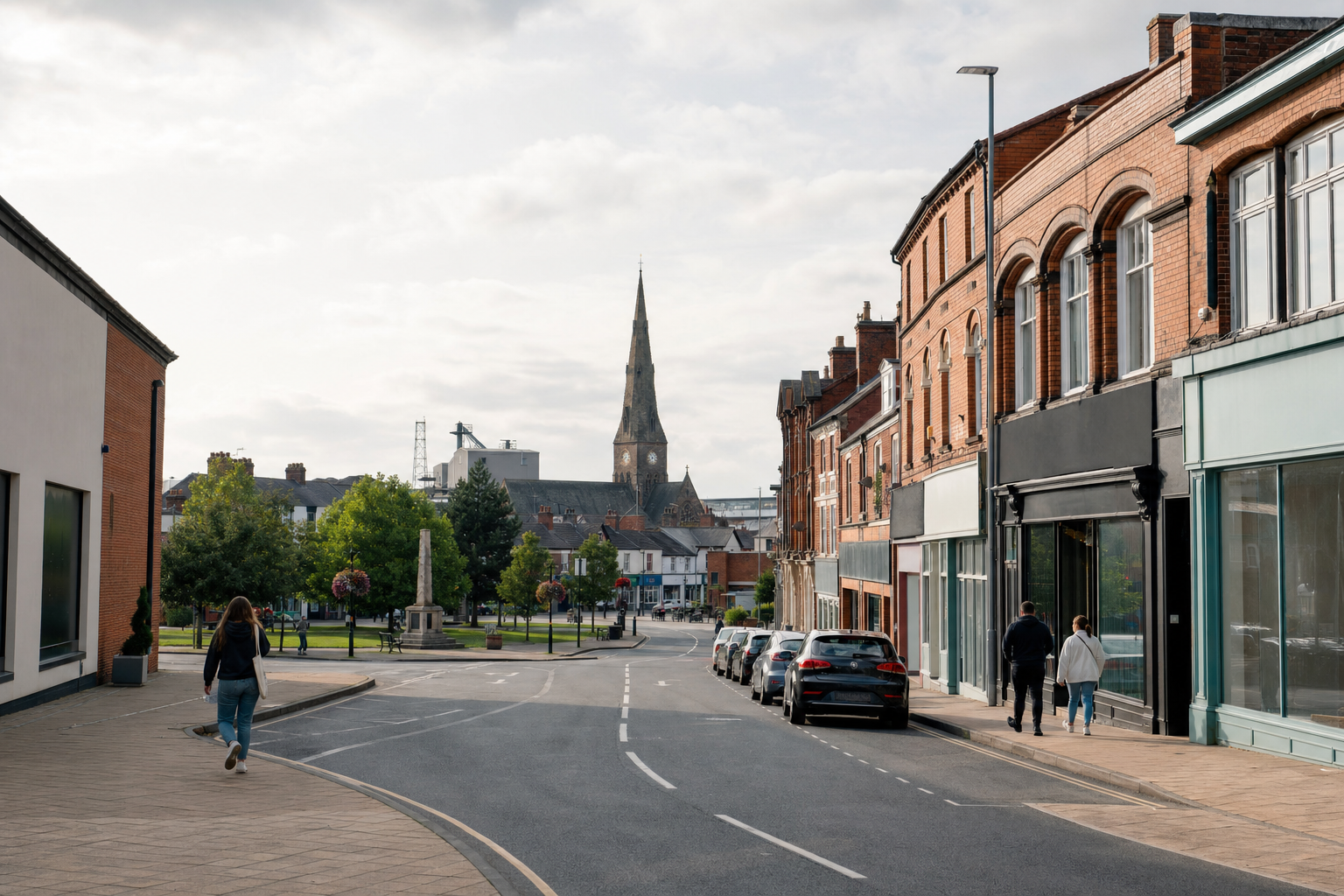 A quiet street scene with redbrick buildings and a distant church spire under a cloudy sky.