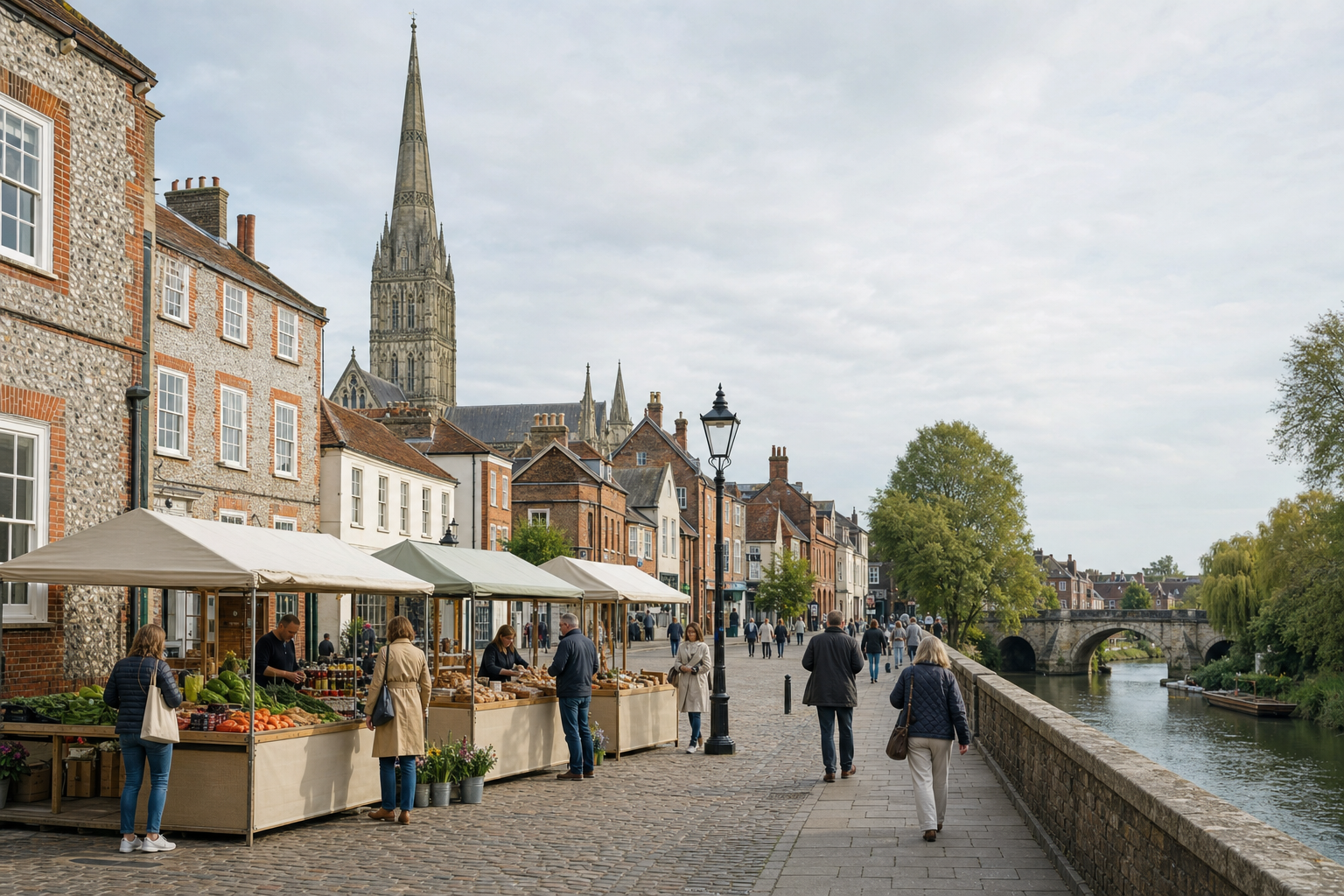 A bustling British market with people shopping along a riverside street, overshadowed by a tall, historic cathedral spire.