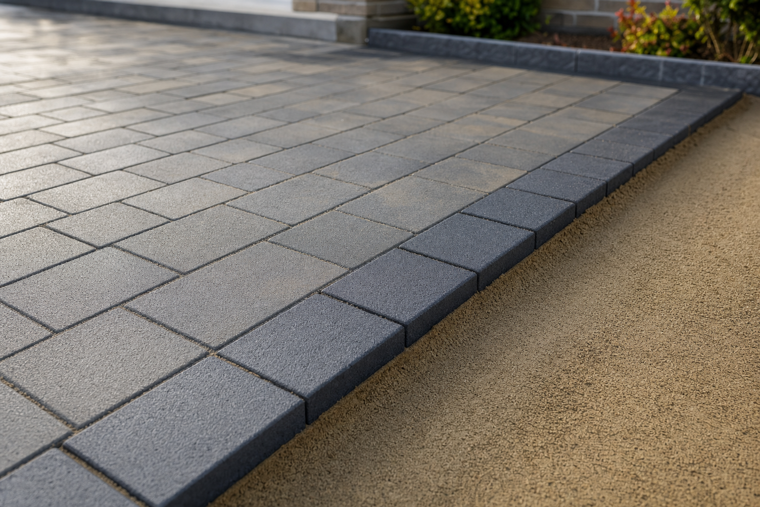 Blue-grey stone driveway with a brushed texture, bordered by sand and a neatly trimmed garden edge.
