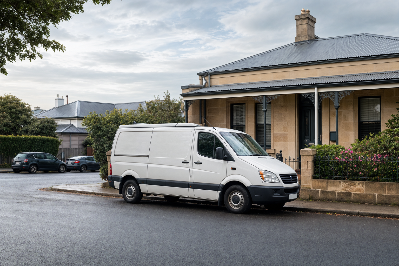 White van parked on a residential street next to a sandstone house with a tin roof on an overcast day.