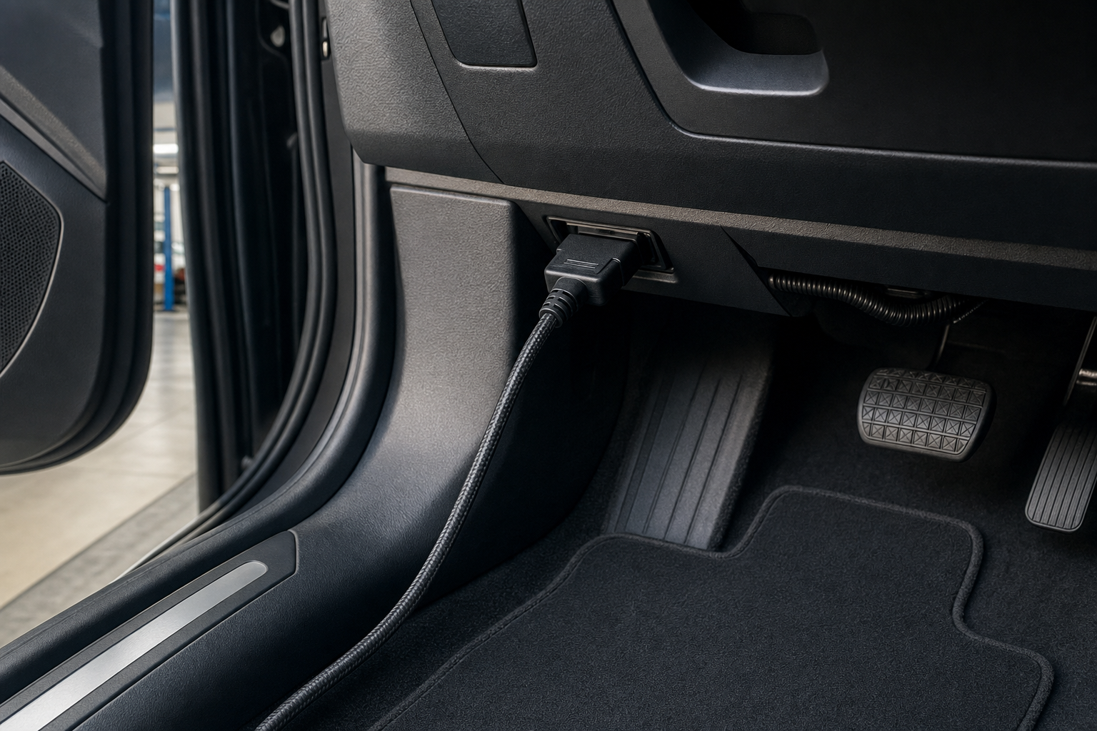 A diagnostic cable plugged into a car's OBD port near the pedals.