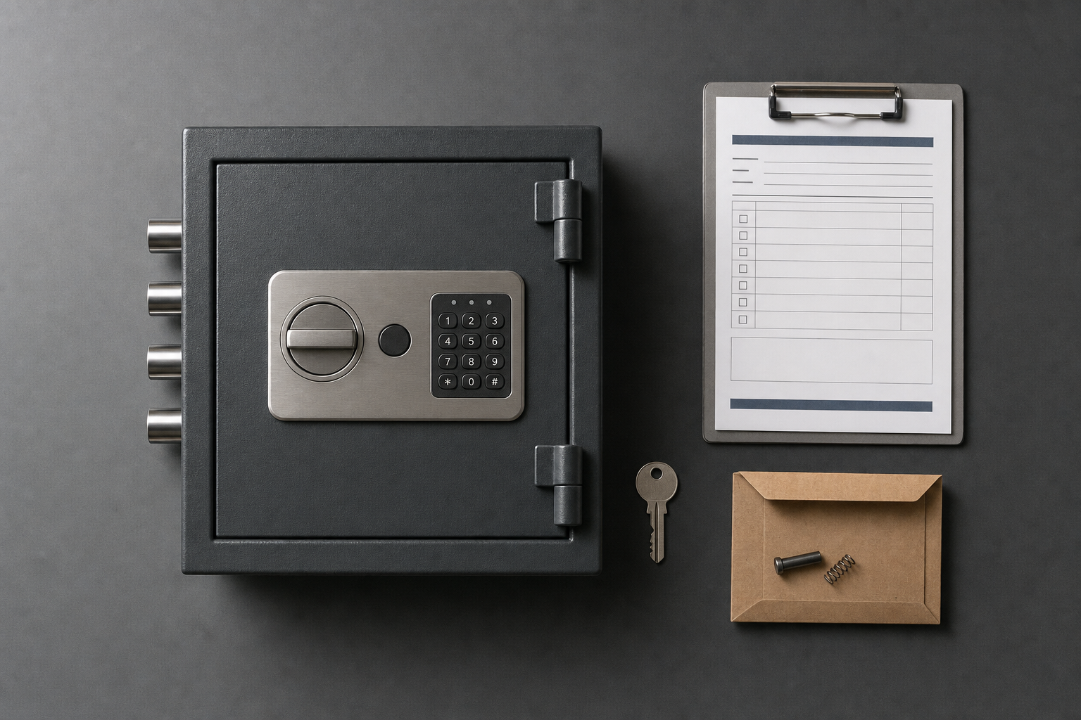 Secure safe with a digital keypad next to a clipboard, key, envelope, and lock components on a dark surface.