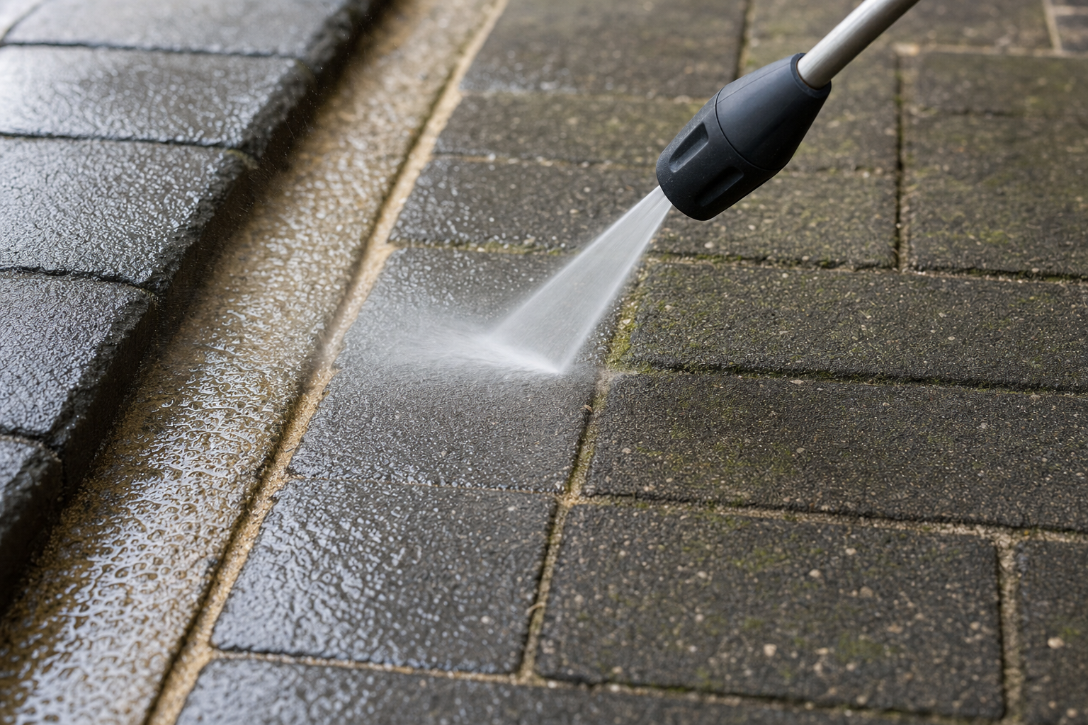 Pressure washer cleaning dark paving stones showing a clear contrast between clean and dirty areas.