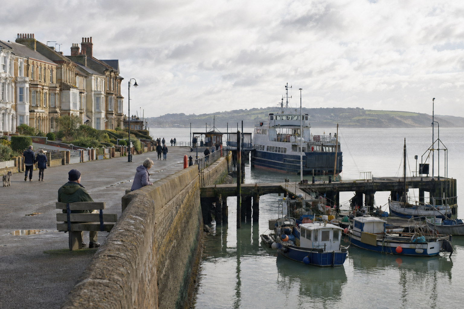 Harbour scene with boats docked and people walking along a coastal path near Victorian-style houses.