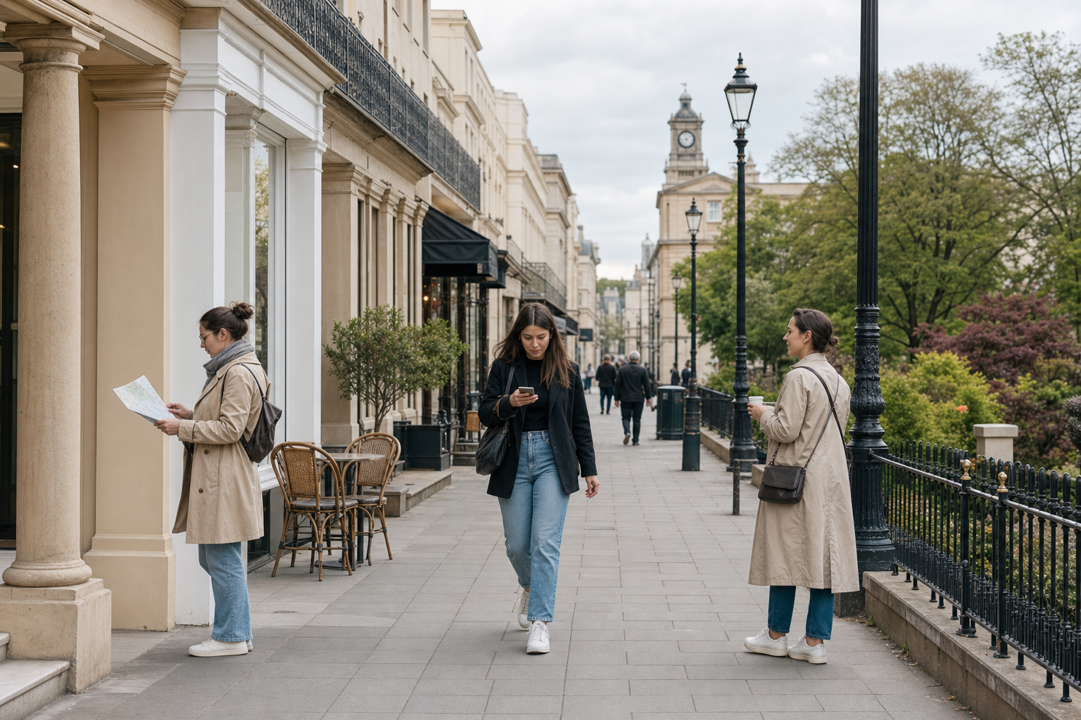 People walking and interacting on a historic street lined with buildings, under a cloudy sky.
