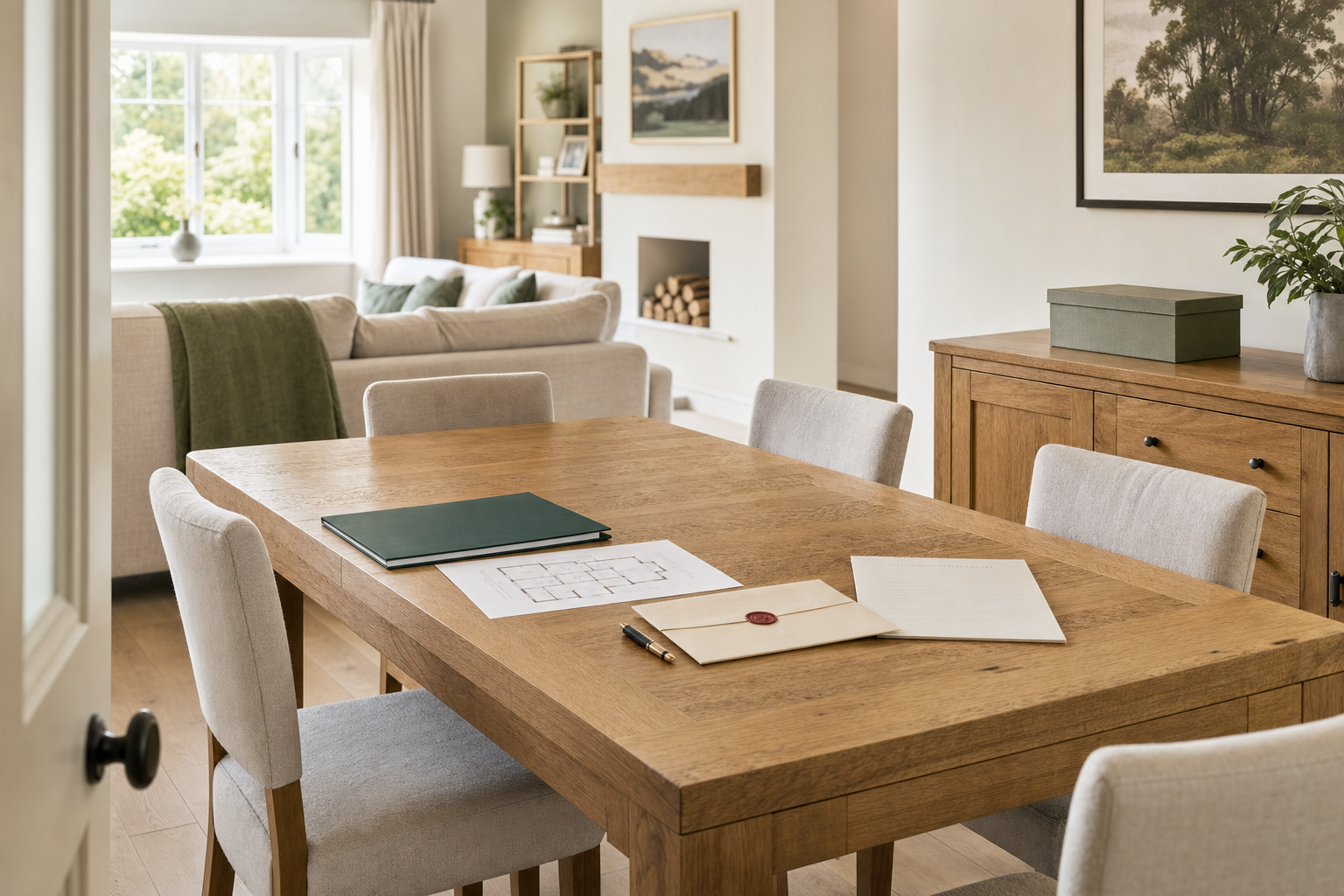 A cosy living room with a wooden dining table, chairs, and a stylish fireplace in the background.
