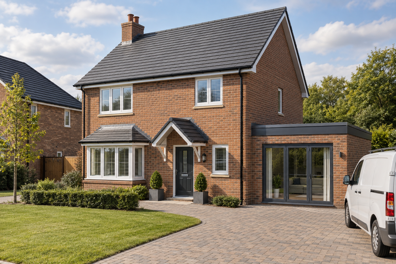 Modern two-storey brick house with a landscaped garden and a white van parked in the driveway.