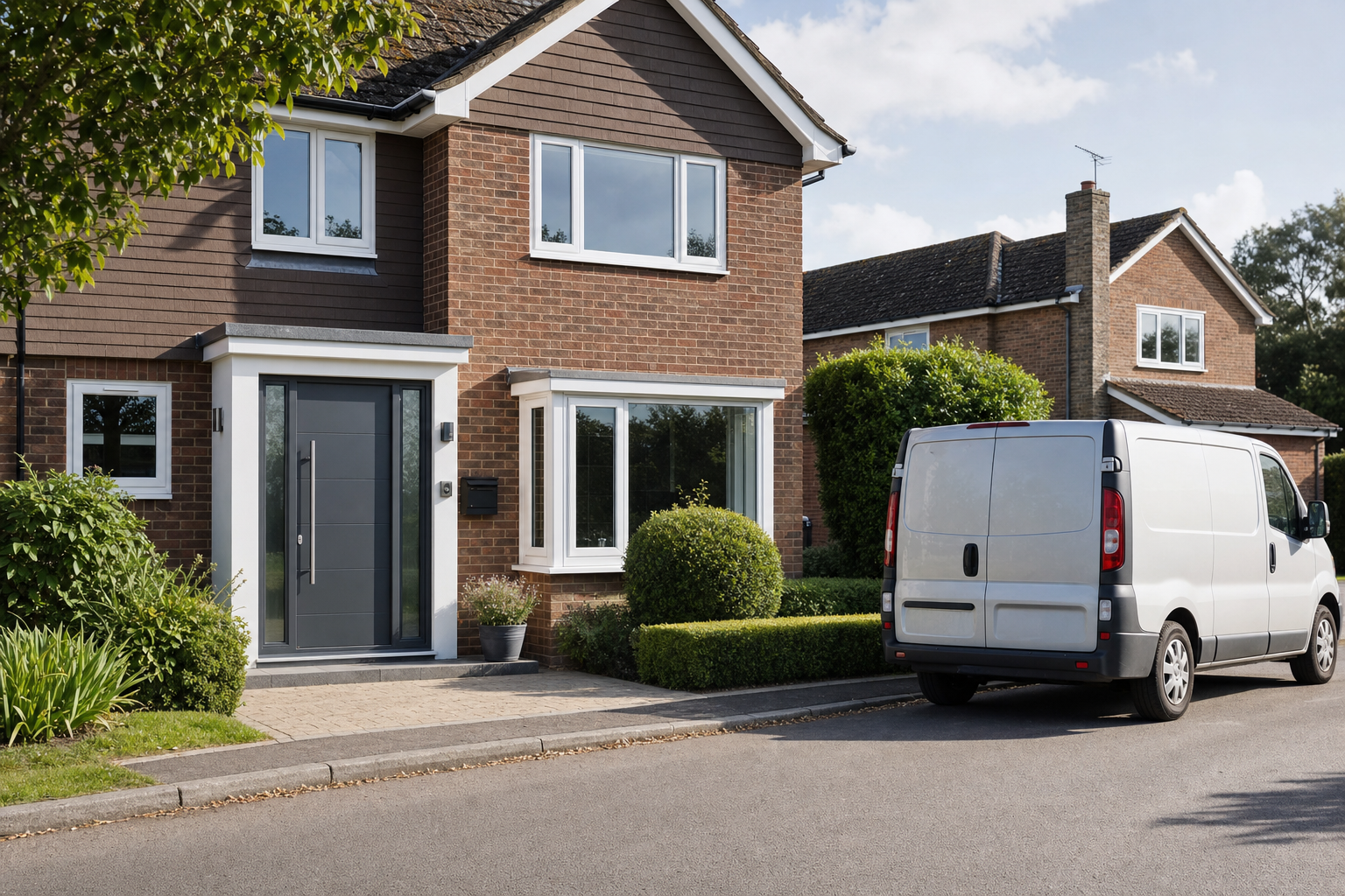 A white van parked on the road outside a modern brick house with a large front garden.